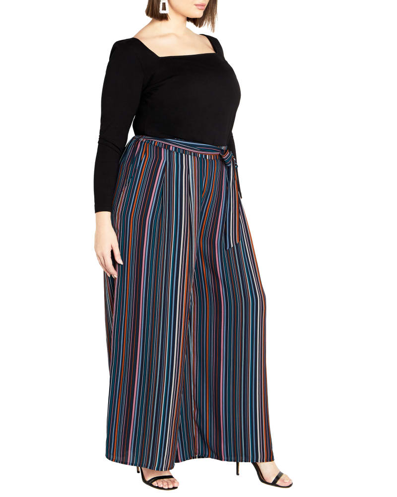 Front of a model wearing a size XL PANT ILLUSION in Midnight Stripe by City Chic. | dia_product_style_image_id:320362